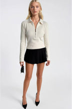 Polo Collar Zipper Detail Ecru Knit Blouse