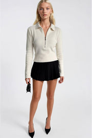 Ecru Knitted Polo Blouse with Zipper Detail
