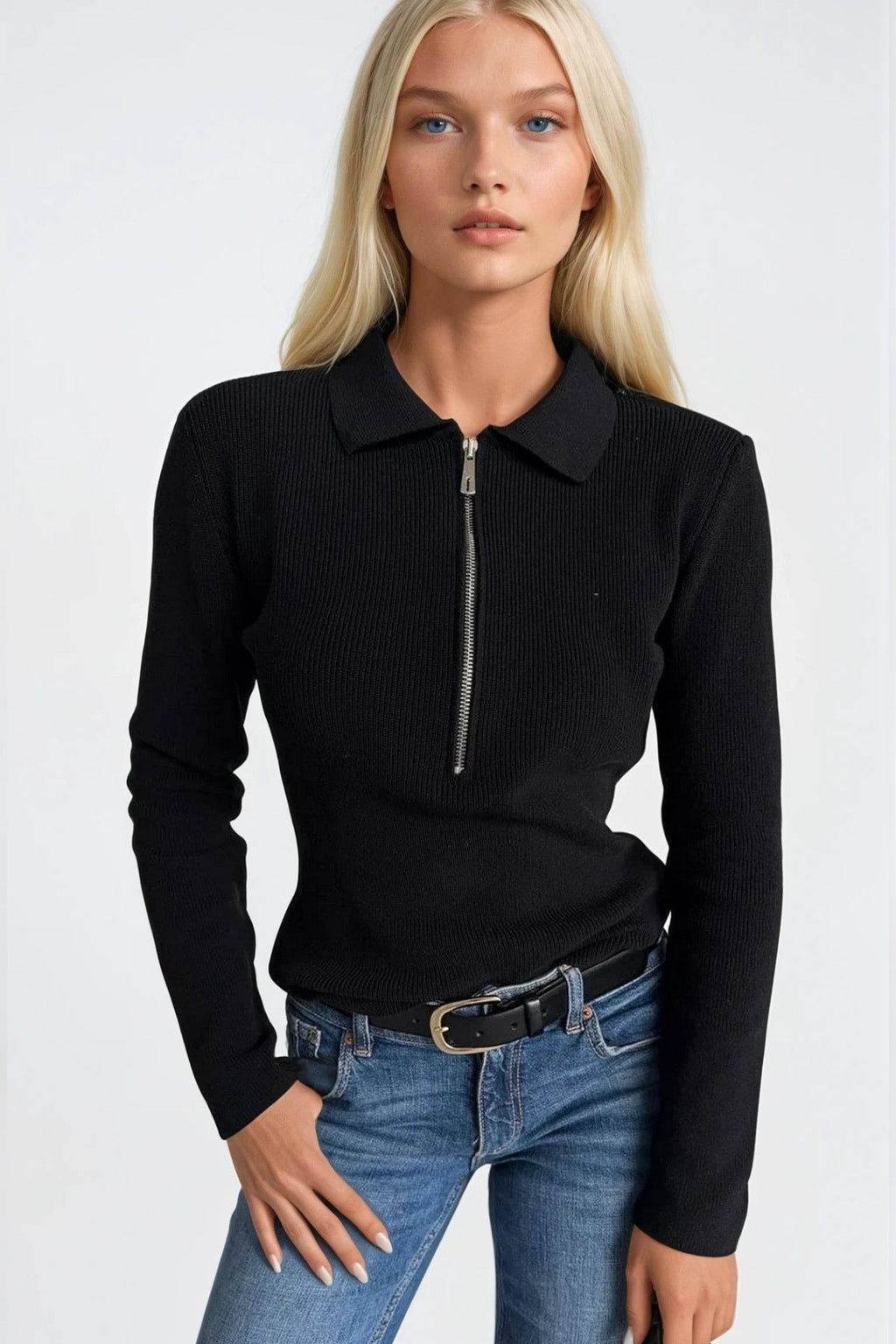 Polo Collar Zipper Detail Black Knit Blouse