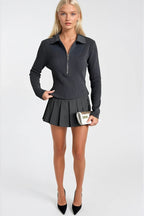 Polo Collar Zipper Detail Anthracite Knit Blouse