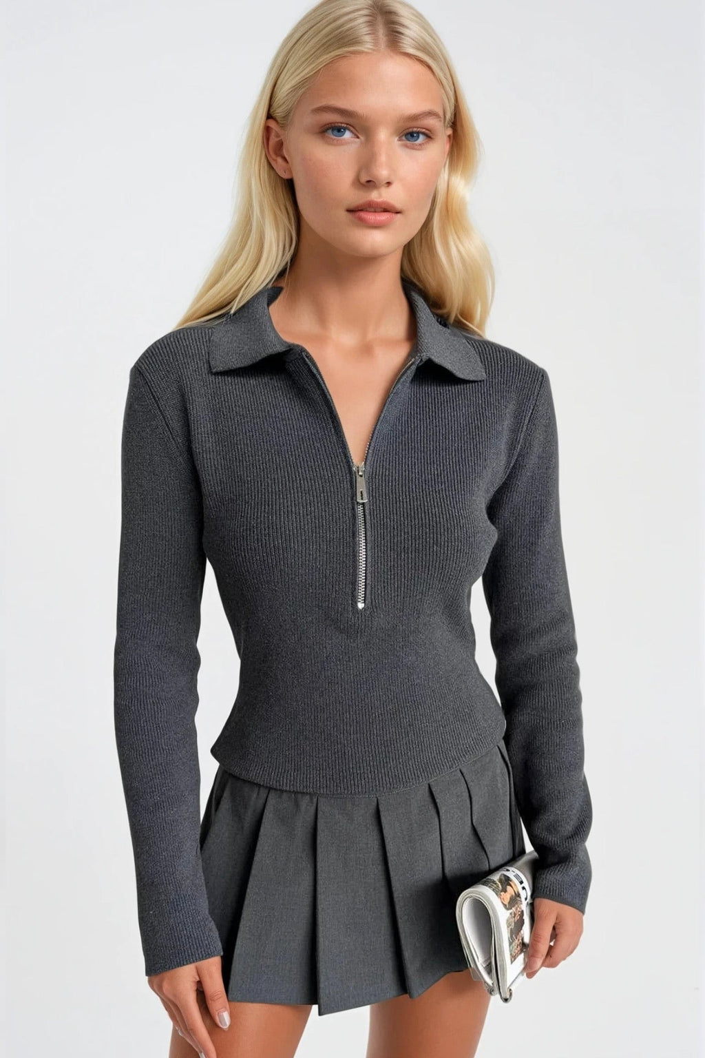 Polo Collar Zipper Detail Anthracite Knit Blouse