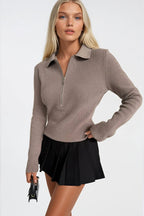 Polo Collar Zipper Detail Beige Knit Blouse