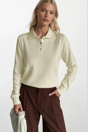 Polo Neck Gold Buttoned Knit White Blouse
