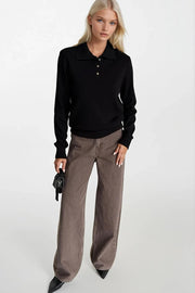 Polo Neck Gold Buttoned Knit Black Blouse