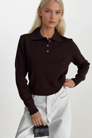 Polo Collar Gold Button Knit Burgundy Blouse