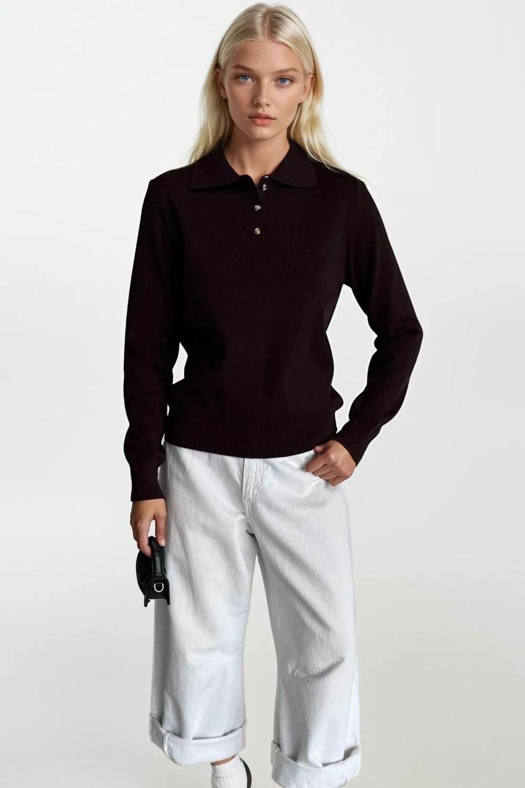Polo Collar Gold Buttoned Knit Burgundy Blouse