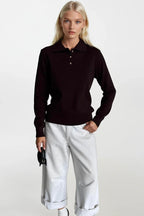 Polo Collar Gold Buttoned Knit Burgundy Blouse