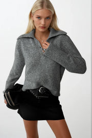 Polo Neck Gray Button-Up Knit Sweater