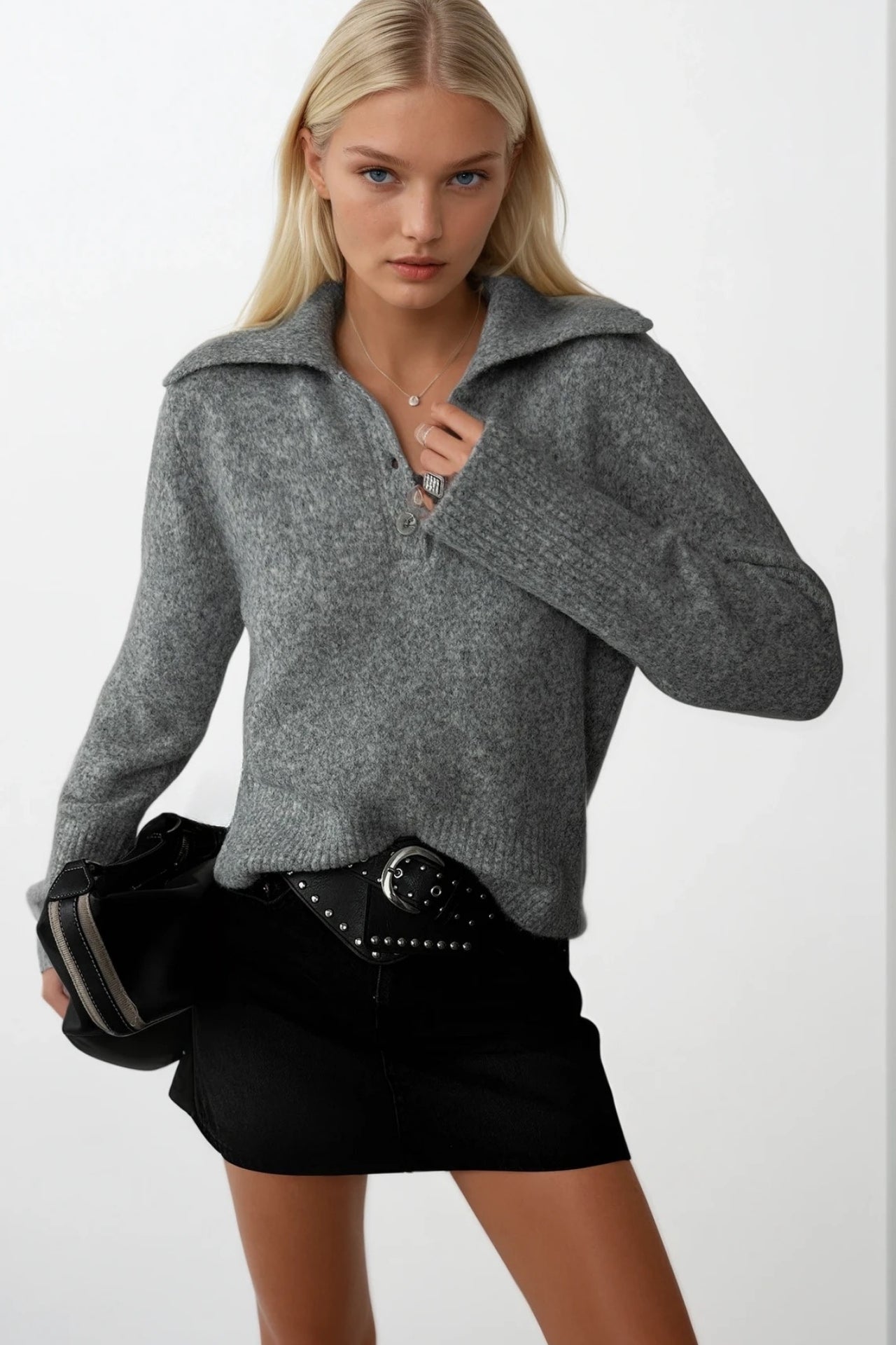 Polo Collar Gray Buttoned Knit Sweater