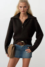 Polo Collar Brown Buttoned Knit Sweater