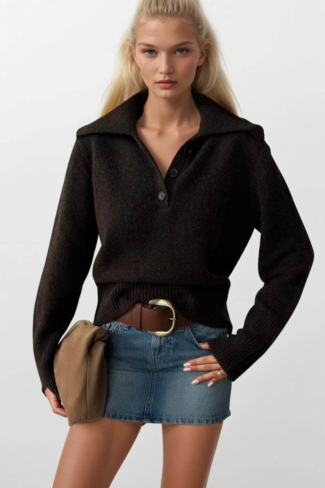 Polo Collar Brown Buttoned Knit Sweater