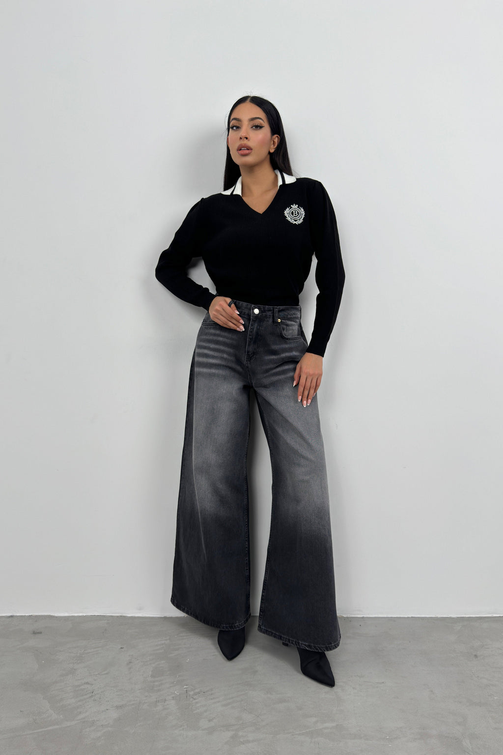 Polo Collar Black College Sweater