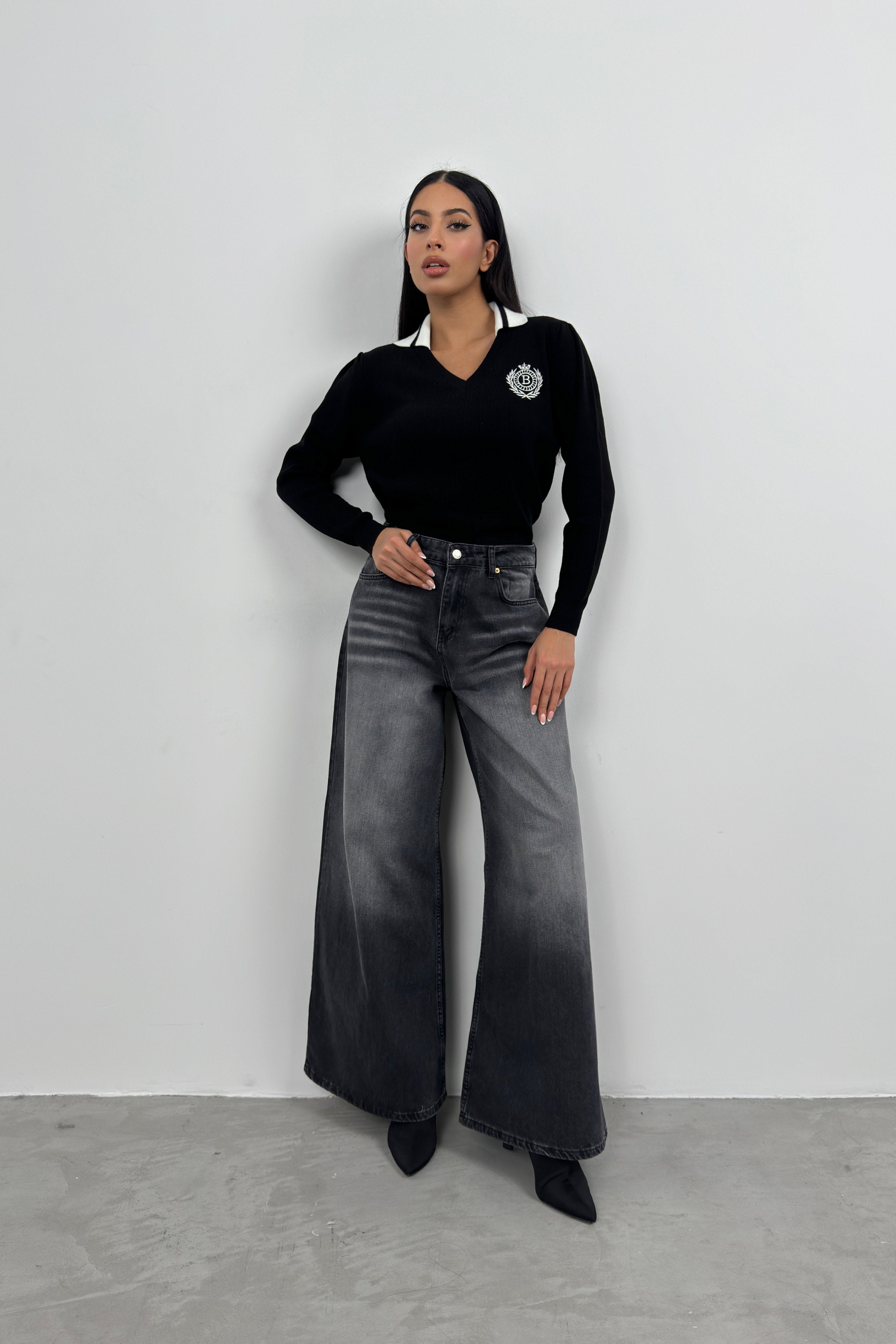 Polo Collar Black College Sweater