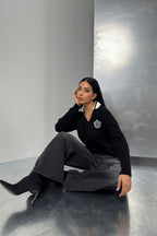 Polo Collar Black College Sweater