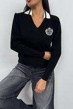 Polo Collar Black College Sweater