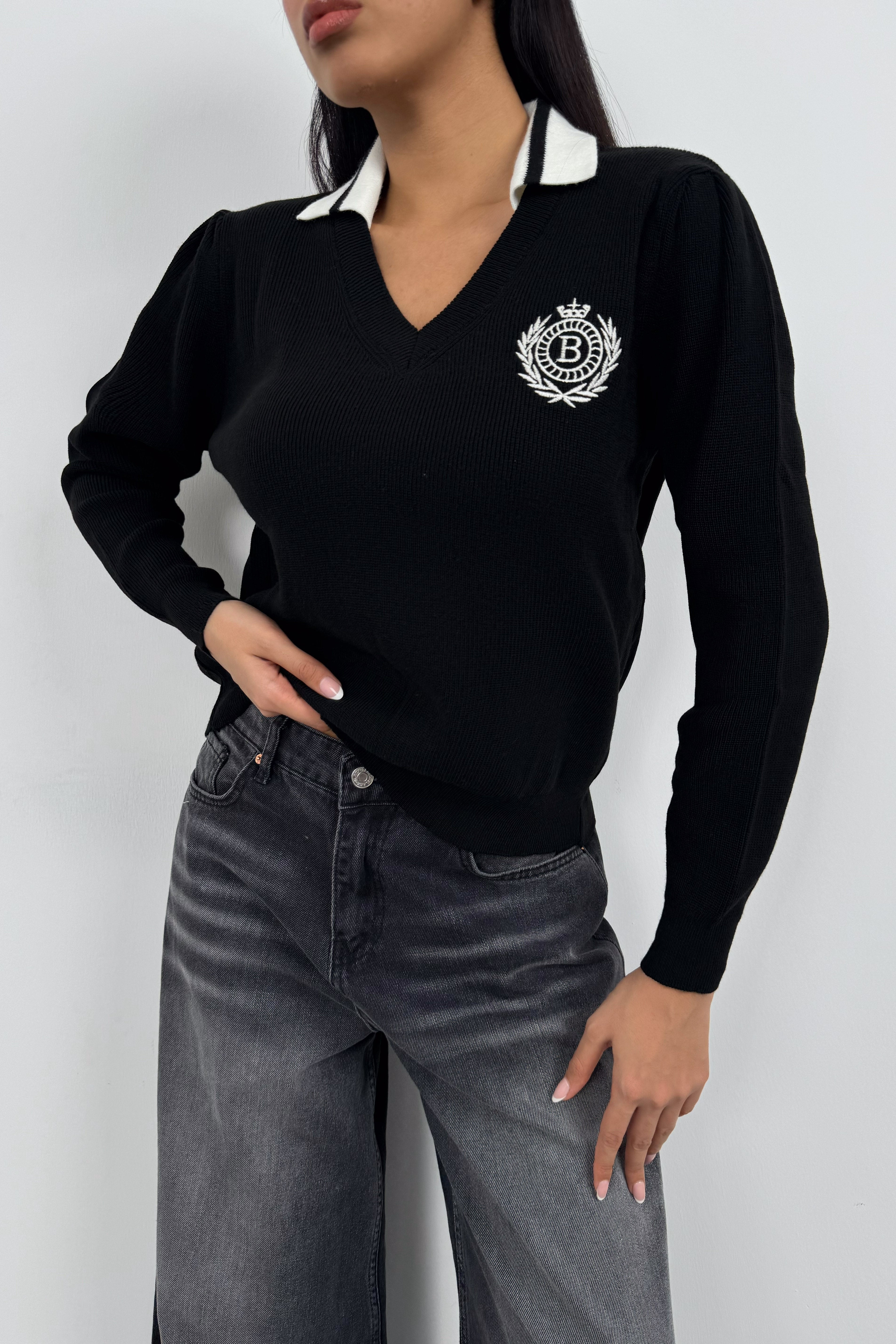 Polo Collar Black College Sweater