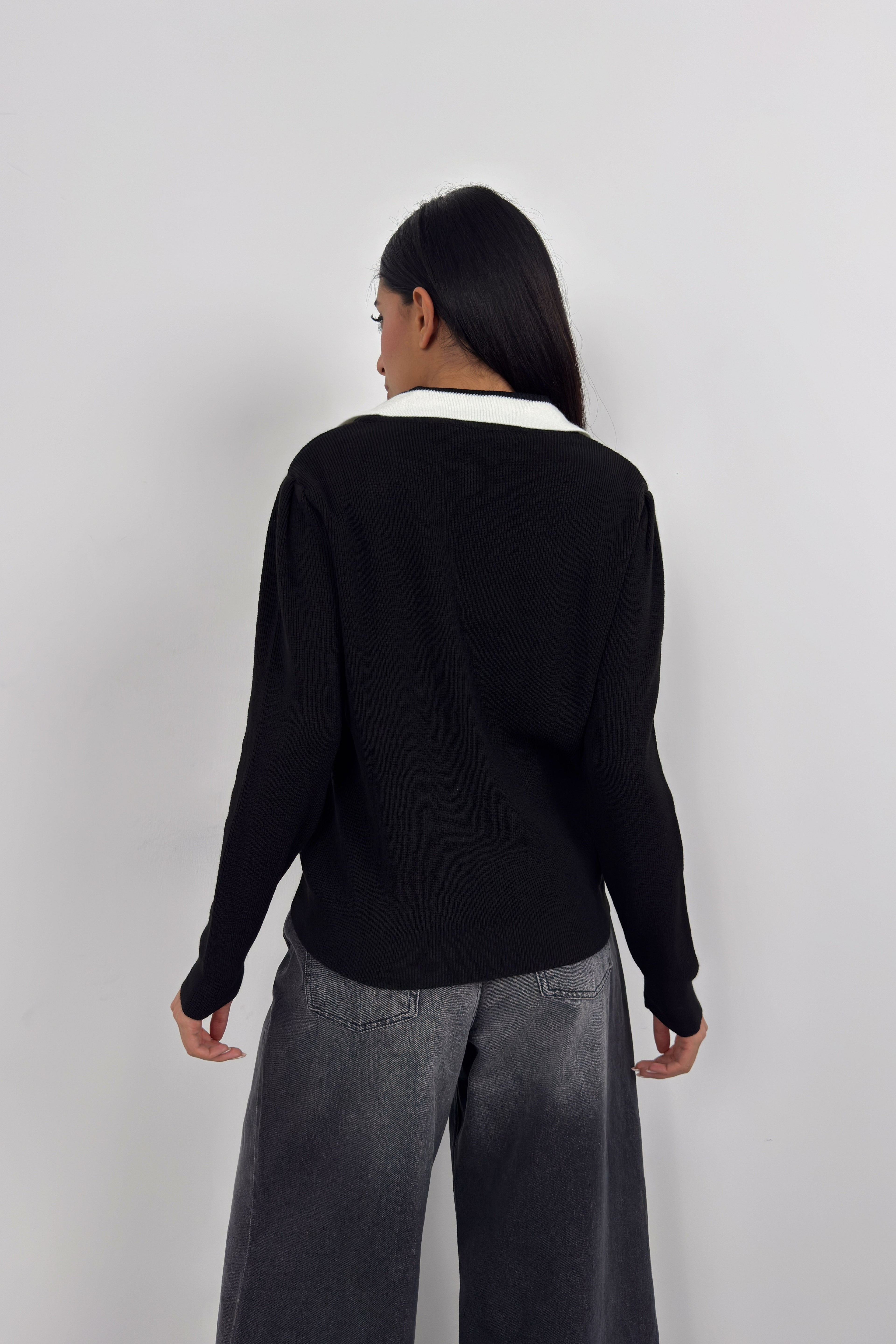 Polo Collar Black College Sweater
