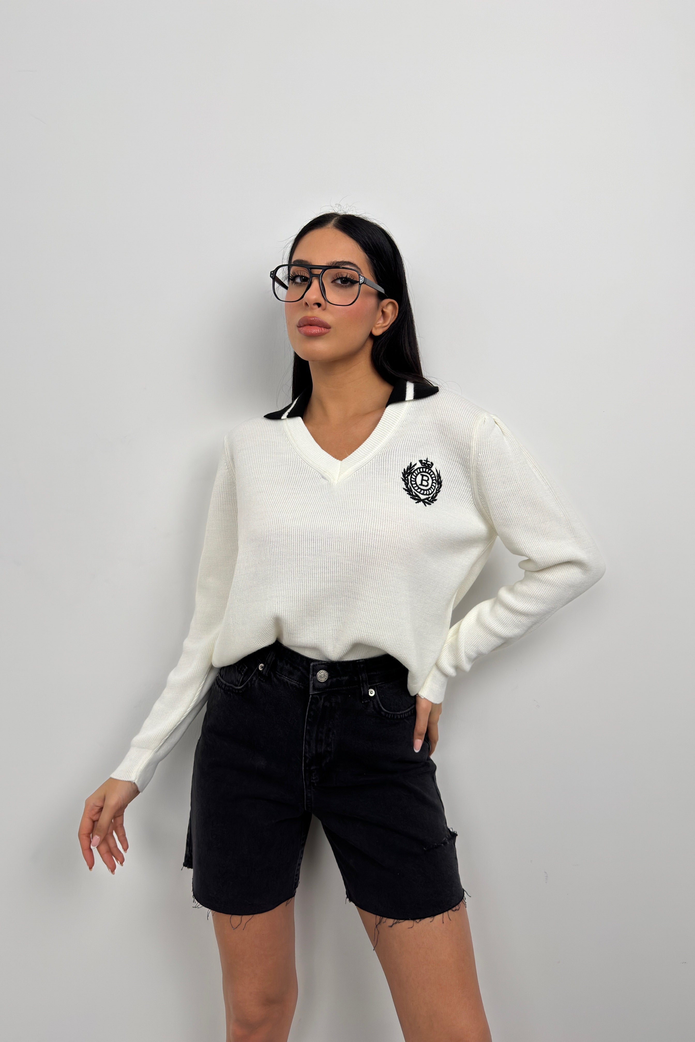 Polo Collar Ecru College Sweater