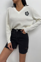 Polo Collar Ecru College Sweater
