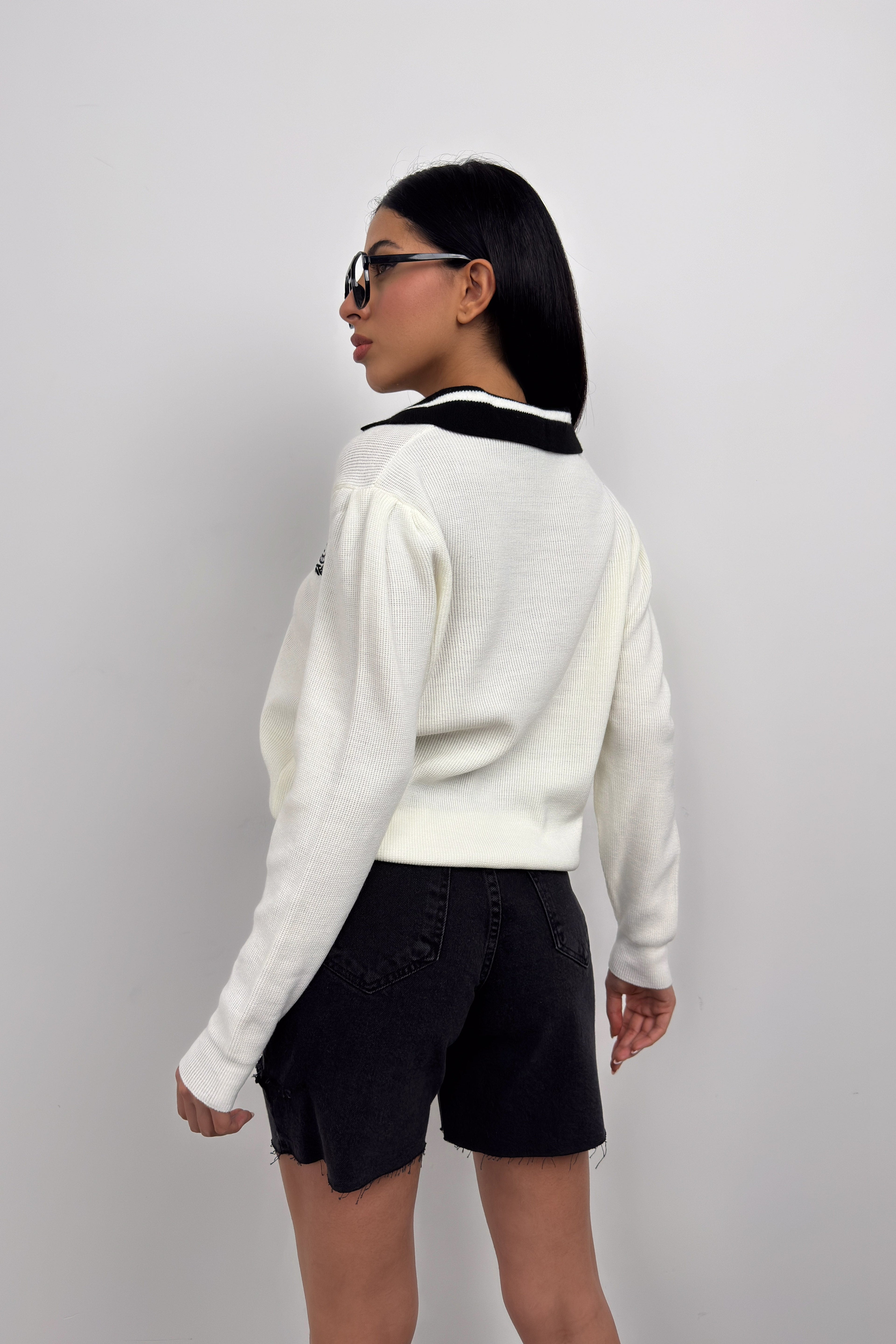 Polo Collar Ecru College Sweater