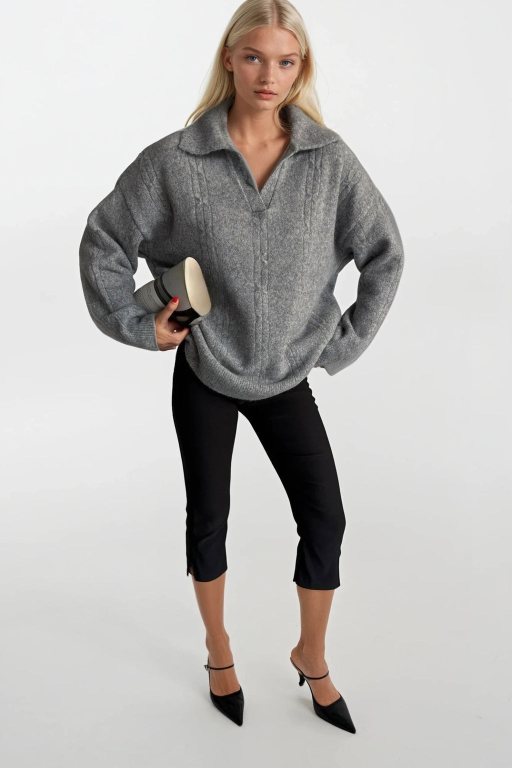 Polo Collar Knit Pattern Gray Knit Sweater