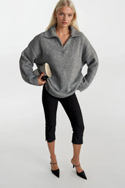 Polo Neck Knitted Pattern Gray Knit Sweater