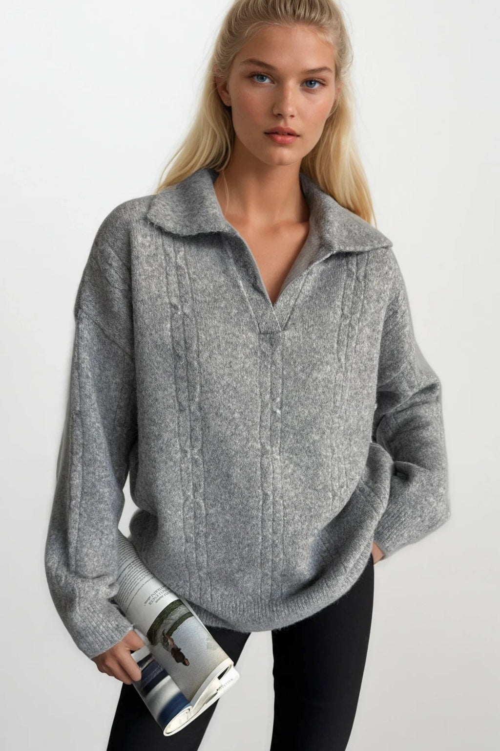 Polo Collar Knit Pattern Gray Knit Sweater