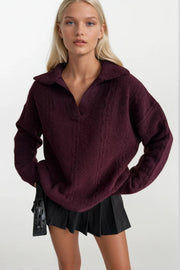 Burgundy Knitted Polo Neck Sweater