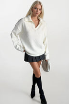 Polo Collar Knit Pattern Ecru Knit Sweater