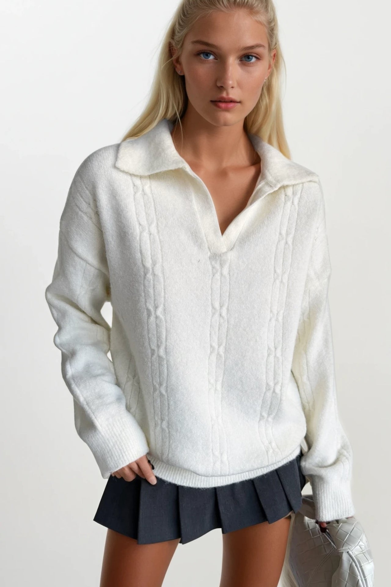Polo Collar Knit Pattern Ecru Knit Sweater