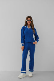 Polo Collar Saxe Blue Blouse Trousers Set