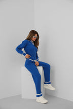 Polo Collar Sax Blue Blouse Pants Set