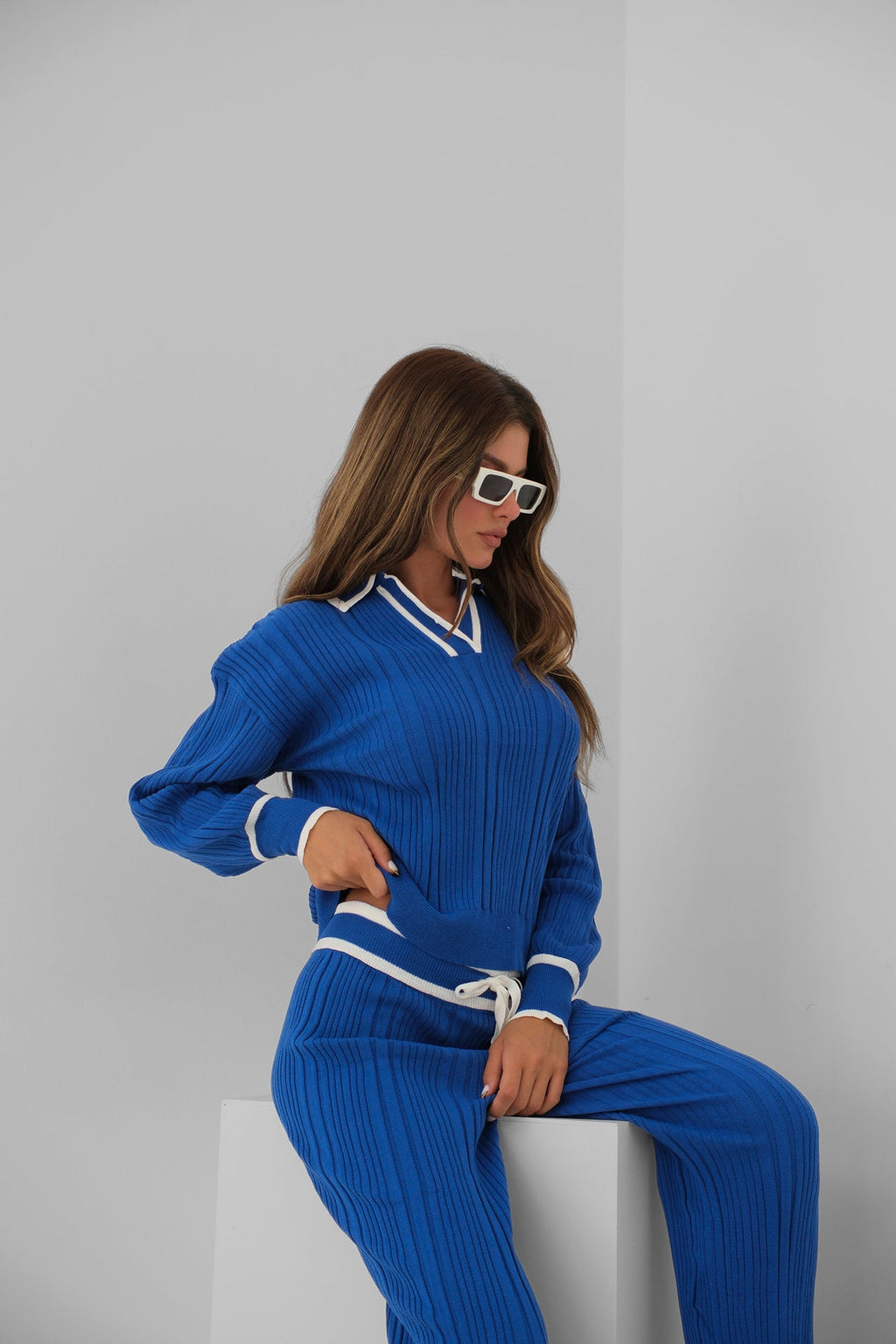 Polo Collar Sax Blue Blouse Pants Set