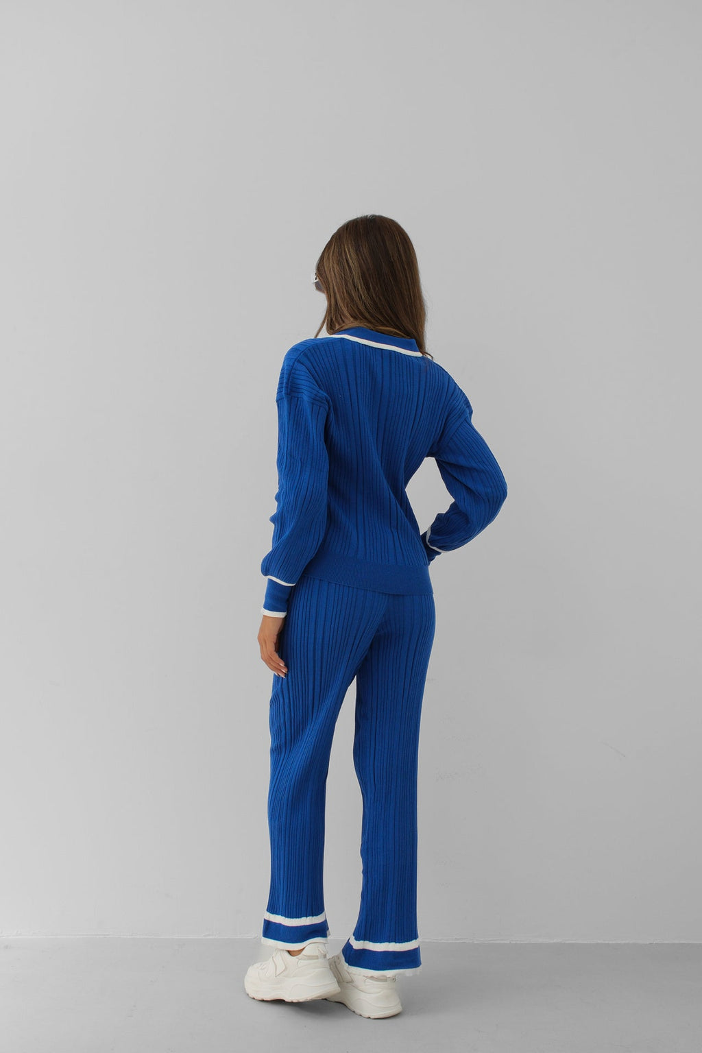 Polo Collar Sax Blue Blouse Pants Set