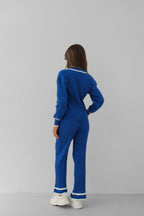 Polo Collar Sax Blue Blouse Pants Set