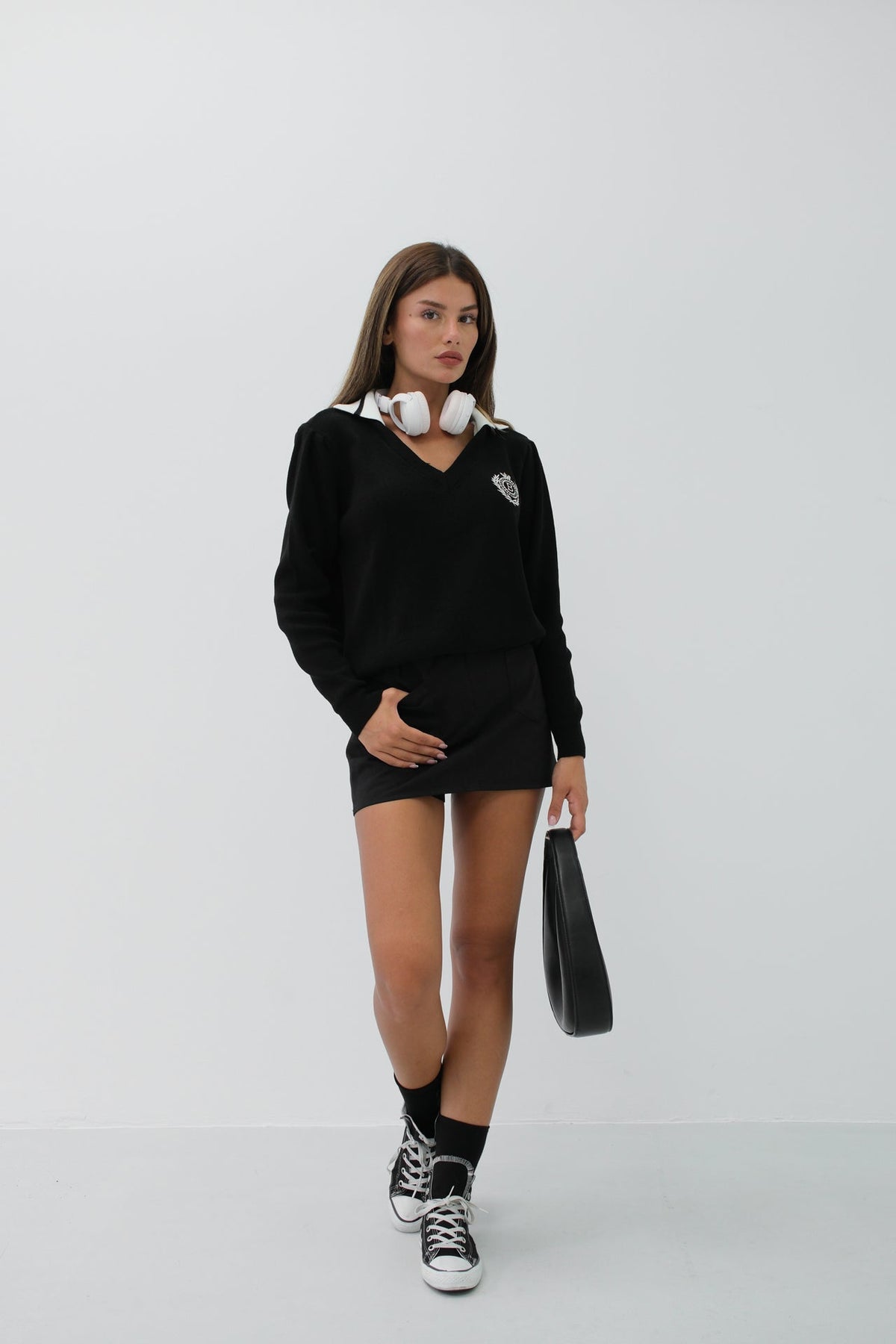 Polo Collar Black College Sweater