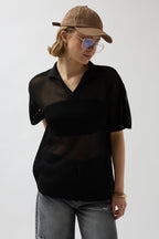 Polo Collar Sheer Black T-Shirt