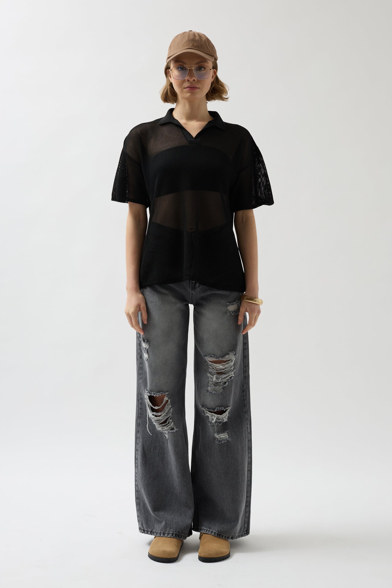 Polo Collar Sheer Black T-Shirt