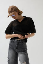 Polo Collar Sheer Black T-Shirt