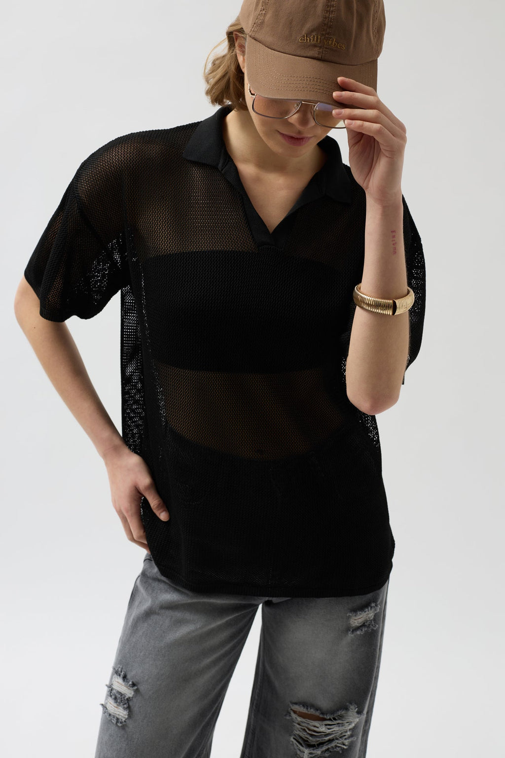 Polo Collar Sheer Black T-Shirt