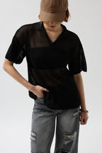 Polo Collar Sheer Black T-Shirt