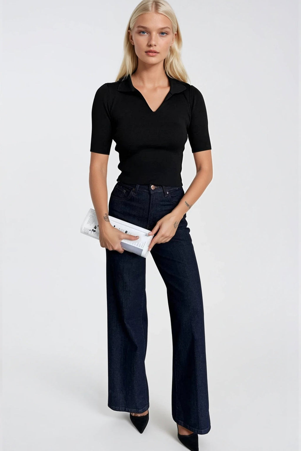 Polo Collar Black Knit Crop Blouse