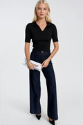 Polo Collar Black Knit Crop Blouse