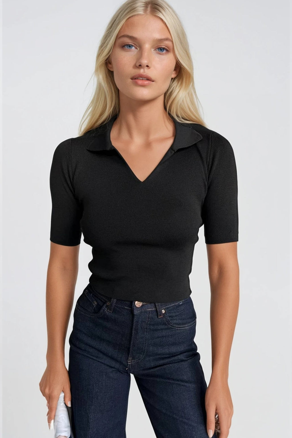 Polo Collar Black Knit Crop Blouse