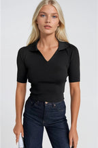 Polo Collar Black Knit Crop Blouse