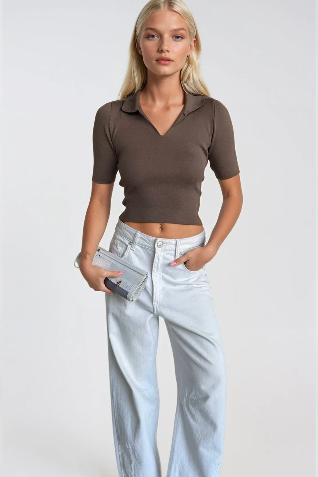 Polo Collar Beige Knit Crop Blouse