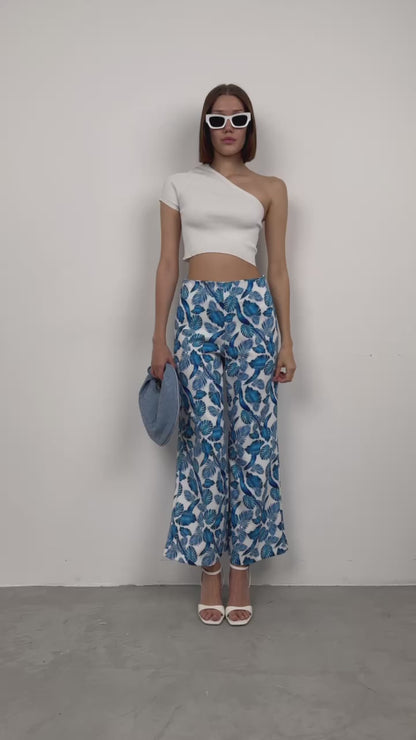 Patterned Straight Leg Blue Trousers