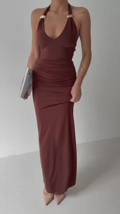 Adjustable Strap Maxi Dress with Gold Ring Detail