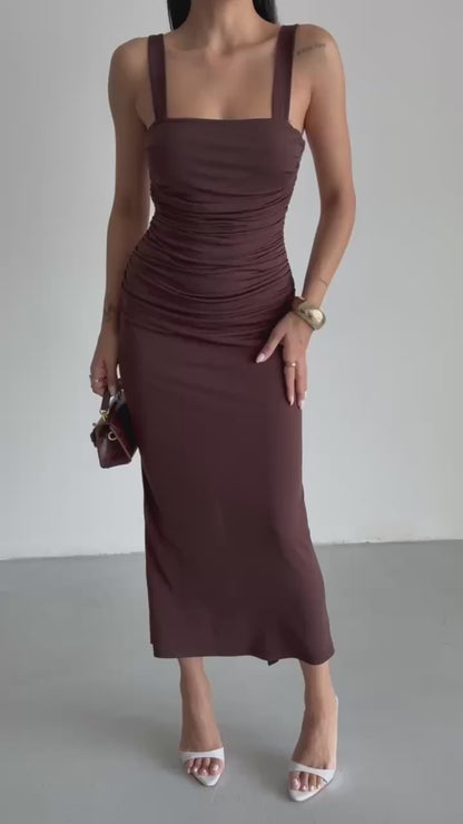 Slit Detail Backless Brown Dress