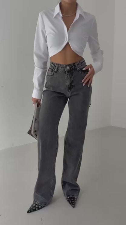 Back Laser Cut Wide Leg Black Jeans + T-shirt